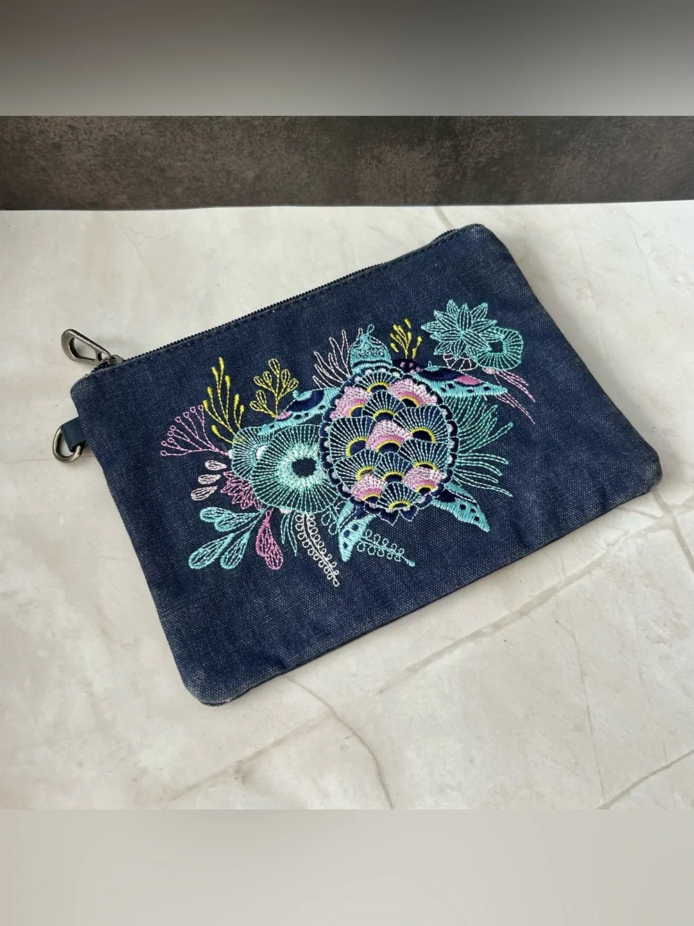 Sakroots Embroidered Navy Denim Cosmetic Pouch